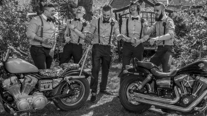 Groom, best man and ushers with the bikes from Satan Slaves North Yorks Chapter