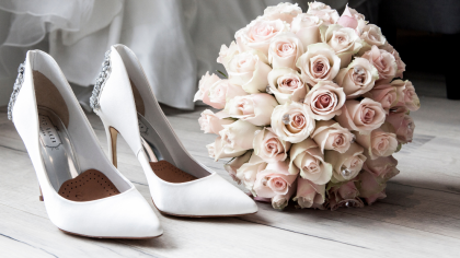 wedding heels and bouquet